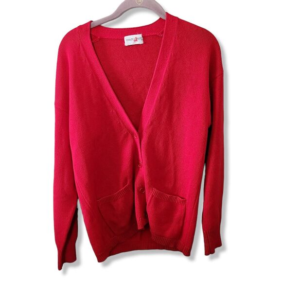 Vintage 80s 90s Grandpa CARDIGAN SWEATER Red Pockets Large button v neck S M - Picture 1 of 6